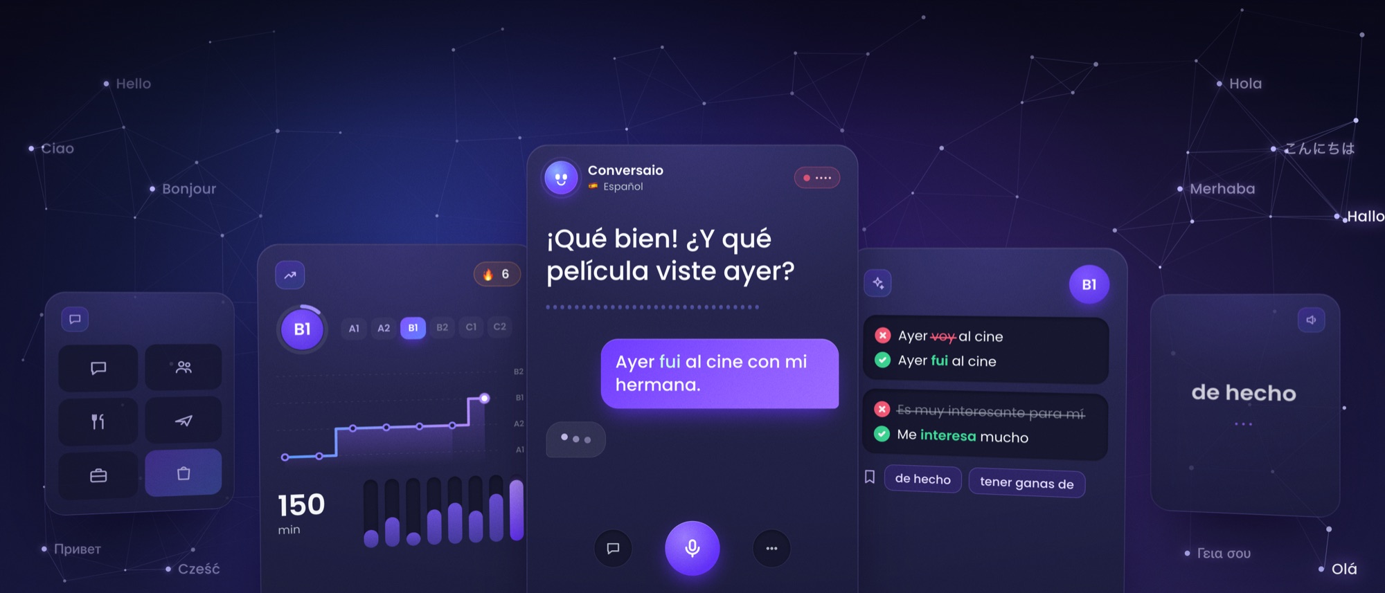 Екрани от приложението Conversaio: гласов разговор на испански с AI преподавателя, ниво по CEFR и минути говорене, корекции и думи за запомняне