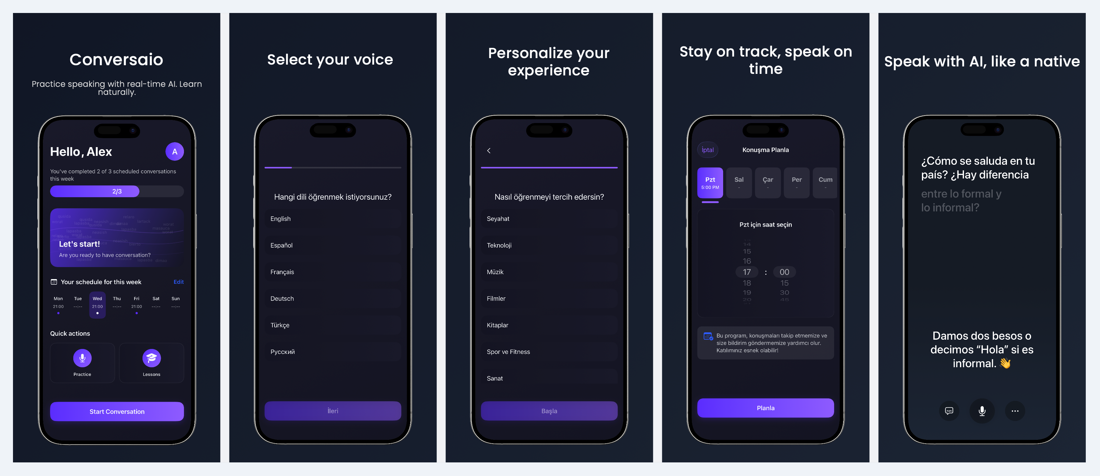Conversaio app showcase - AI conversation, voice practice, personalization, scheduling, and natural learning
